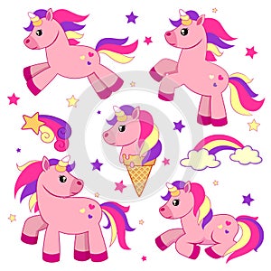 Set of cute cartoon unicorns